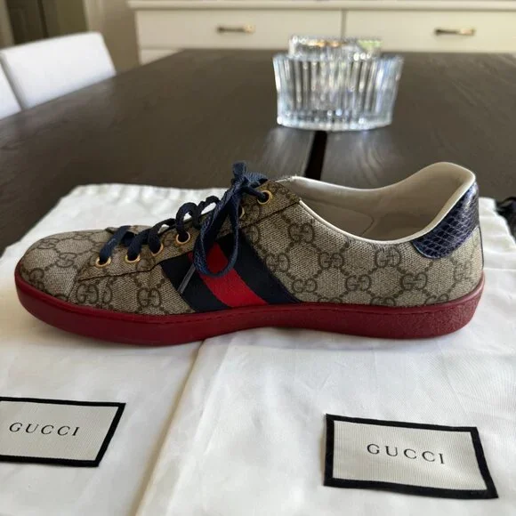 Gucci Ace GG Supreme Sneakers Men’s Size 8.5 Beige Red Blue Stripe - Picture 4 of 10